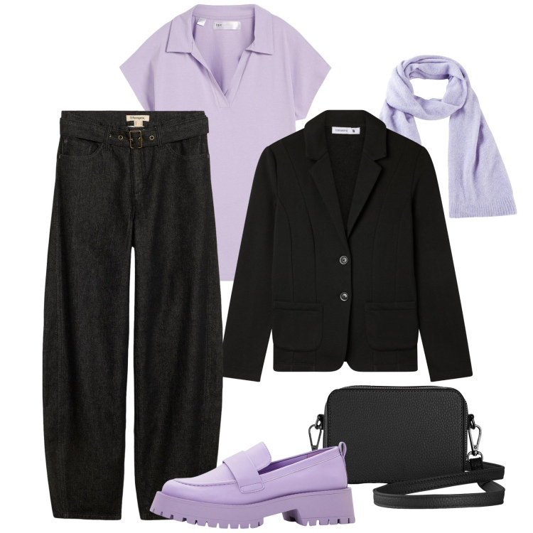 Outfit donna - Urbana lavanda e nero. Stile Urban per Tutti i giorni. Abbinamento con maglieria, borse a tracolla, jeans, mocassini, sciarpe, blazer.
