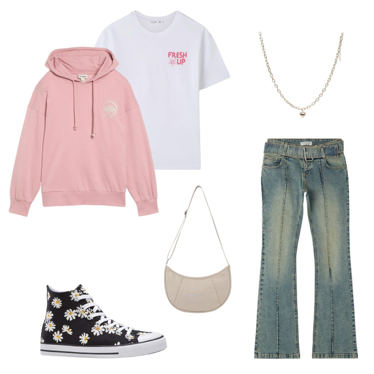 Outfit donna - Teens_01. Stile Casual per Tutti i giorni. Abbinamento con sneakers alte, felpe con cappuccio, jeans a zampa, collane, t-shirt, borse a spalla.