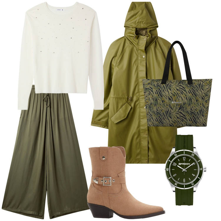 Outfit donna - Oggi nuvolo. per Tutti i giorni. Abbinamento con stivaletti texani, pantaloni a palazzo, cappotti, maglieria, orologi, shopping bag.