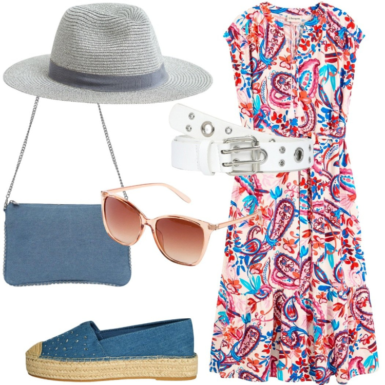 Outfit donna - A passeggio nel borgo. Stile Casual chic per Tutti i giorni. Abbinamento con vestiti chemisier, occhiali da sole, cappelli, borse a tracolla, cinture, espadrillas.