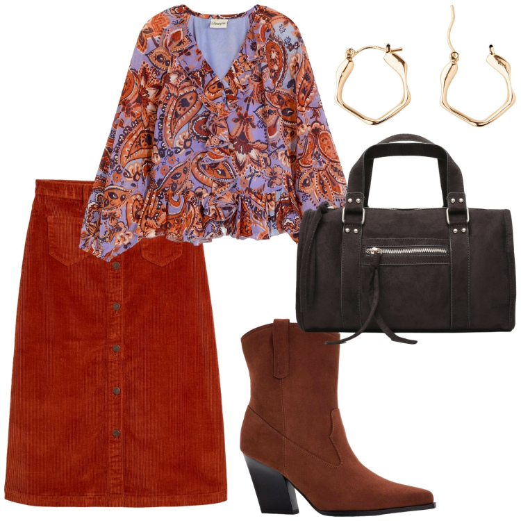 Outfit donna - Colori autunnali. per Tutti i giorni. Abbinamento con gonne longuette, bluse, stivaletti texani, orecchini, borse a mano.