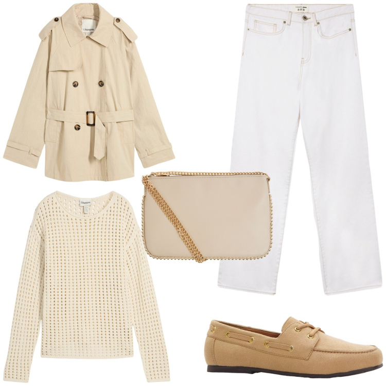 Outfit donna - Work wear. Stile Casual chic per Ufficio. Abbinamento con trench, mocassini, maglieria, jeans dritti, borse a tracolla.