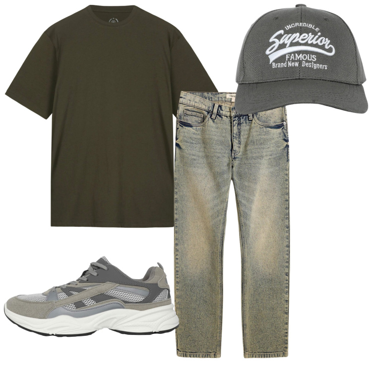 Outfit uomo - In città. Stile Urban per Tutti i giorni. Abbinamento con jeans dritti, cappelli con visiera, sneakers, t-shirt.