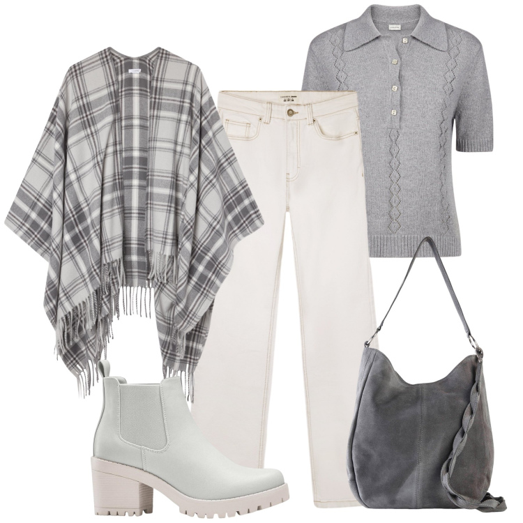 Outfit donna - Il poncho in autunno. Stile Urban per Tutti i giorni. Abbinamento con stivaletti chelsea, borse a mano, cappotti, jeans bootcut, polo.