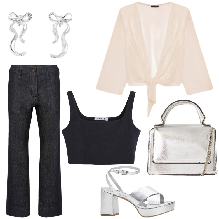 Outfit donna - Total look #2237941. Abbinamento con sandali col tacco, orecchini, borse a tracolla, top, pantaloni, blazer.
