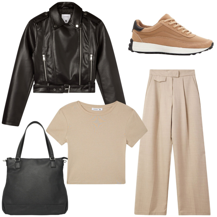 Outfit donna - Autumn outfit idea. Stile Casual chic per Tutti i giorni. Abbinamento con sneakers, pantaloni, shopping bag, giacche, t-shirt.