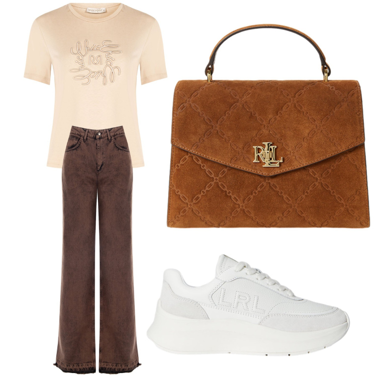 Outfit donna - Aperitivo. Stile Trendy per Tutti i giorni. Abbinamento con t-shirt, jeans dritti, sneakers, borse a mano.