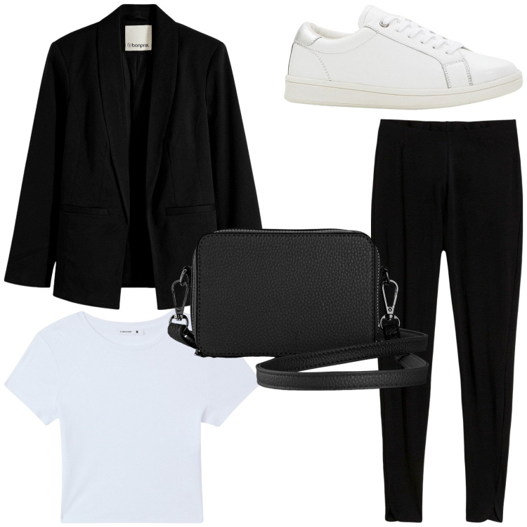 Outfit donna - Black leggings. Stile Basic per Tutti i giorni. Abbinamento con leggings, blazer, borse a tracolla, sneakers, t-shirt.
