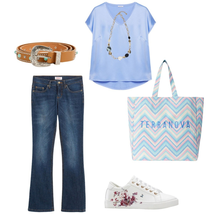 Outfit donna - Serata fresca. Stile Casual per Tutti i giorni. Abbinamento con jeans bootcut, sneakers, cinture, borse tote, t-shirt, collane.