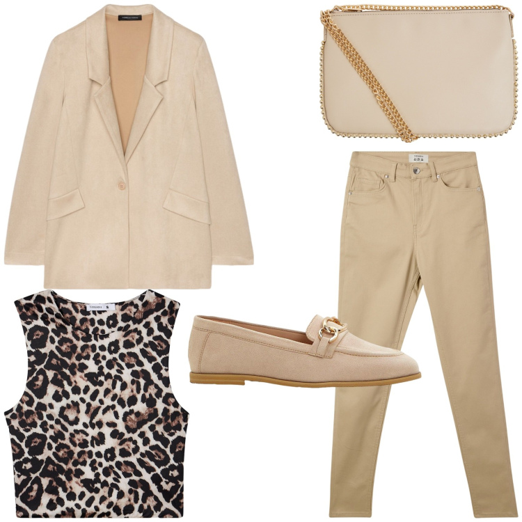 Outfit donna - Leopard and beige. Stile Casual chic per Tutti i giorni. Abbinamento con mocassini, borse a tracolla, pantaloni skinny, top, blazer.