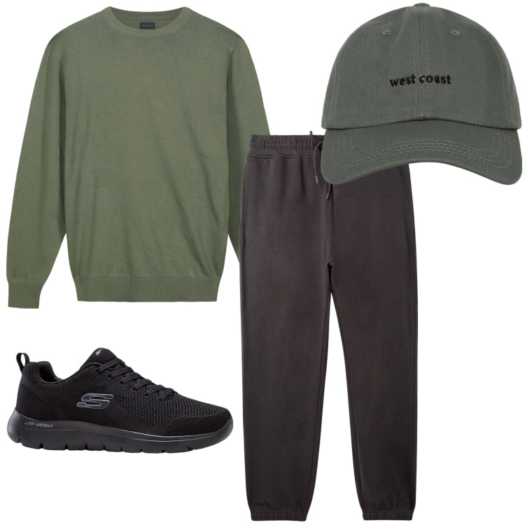 Outfit uomo - In tuta comodità. Stile Casual per Tutti i giorni. Abbinamento con sneakers, pantaloni, cappelli con visiera, maglieria.