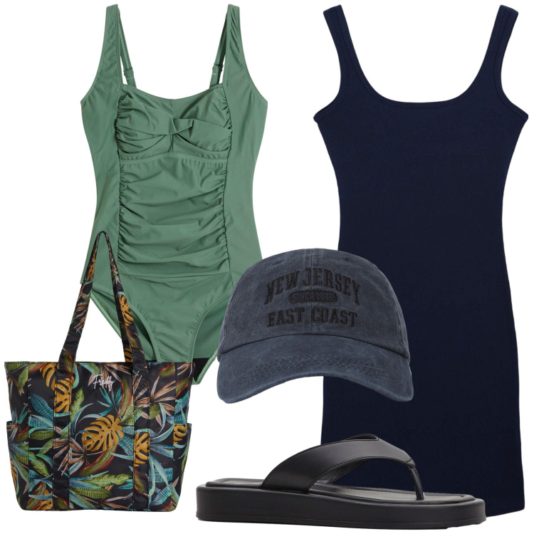 Outfit donna - Costume intero verde. Stile Trendy per Mare. Abbinamento con costumi interi, ciabatte, vestiti corti, cappelli con visiera, shopping bag.