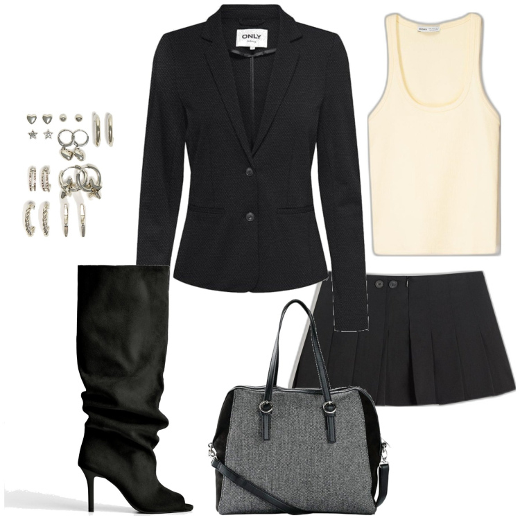 Outfit mujer - Sexy #889. Estilo Sexy para Noche/Fiesta elegante. Combinación con bandoleras, blazers, camisetas sin mangas, faldas, botas, pendientes.
