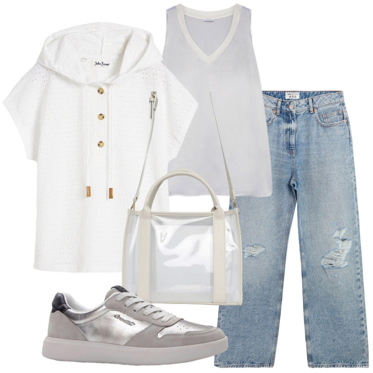 Outfit donna - Total look #2238054. Stile Casual chic per Tutti i giorni. Abbinamento con maglieria, sneakers, jeans strappati, borse tote, top.