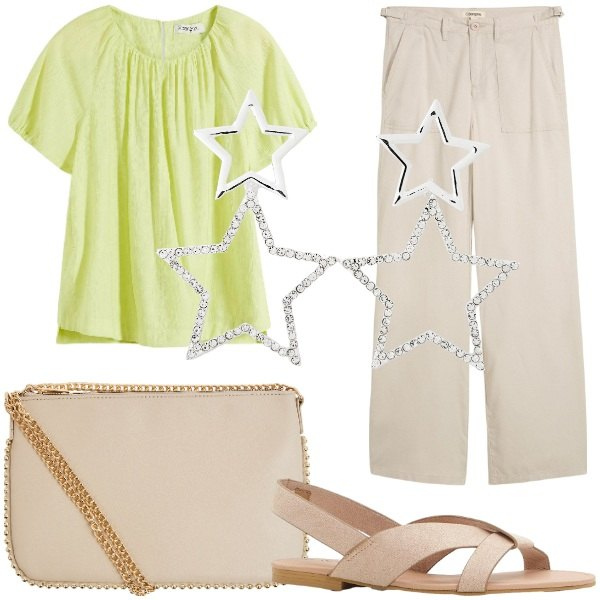 Outfit donna - Mai senza orecchini. Stile Casual chic per Tutti i giorni. Abbinamento con bluse, sandali, pantaloni a palazzo, borse a tracolla, orecchini.