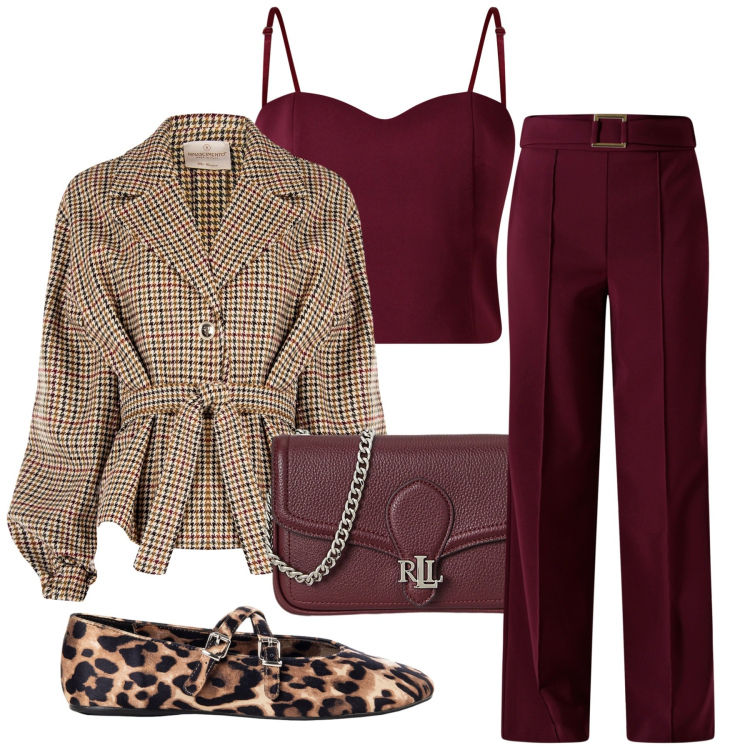 Outfit donna - Rinascimento fw 26. Stile Glamour per Serata fuori. Abbinamento con caban, top, pantaloni, ballerine, clutch.