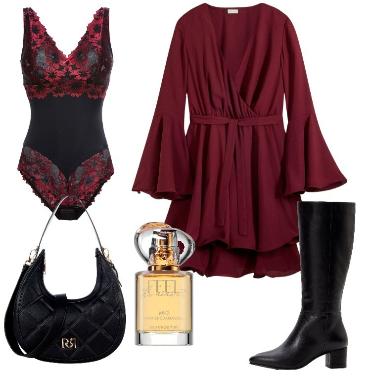 Outfit donna - Il mini abito bordeaux. Stile Sexy per Serata fuori. Abbinamento con vestiti, stivali, body, profumi, borse a tracolla.