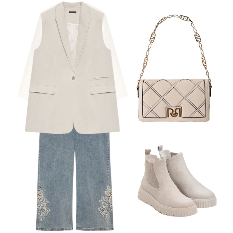 Outfit donna - Total Beige. Stile Casual chic per Tutti i giorni. Abbinamento con stivaletti, borse a tracolla, jeans, gilet, camicie.