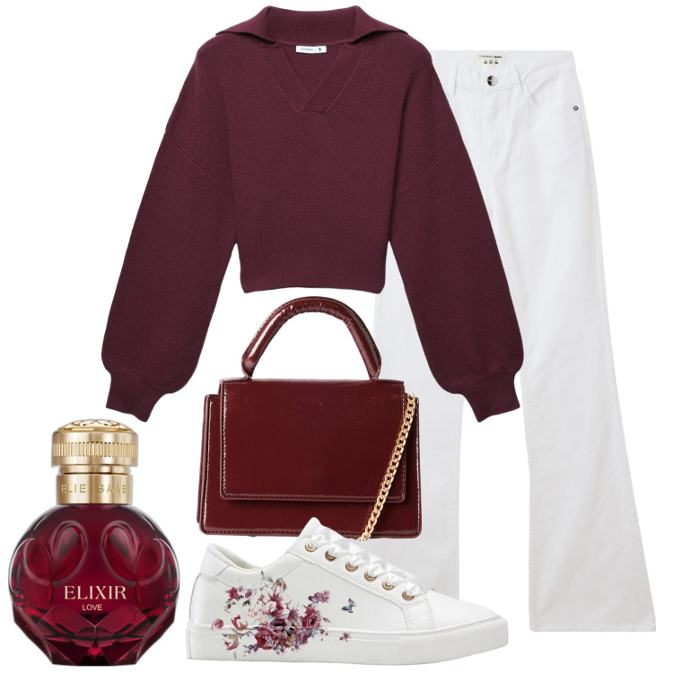 Outfit donna - Burgundy. Stile Casual chic per Tutti i giorni. Abbinamento con sneakers, profumi, maglieria, jeans a zampa, borse a tracolla.
