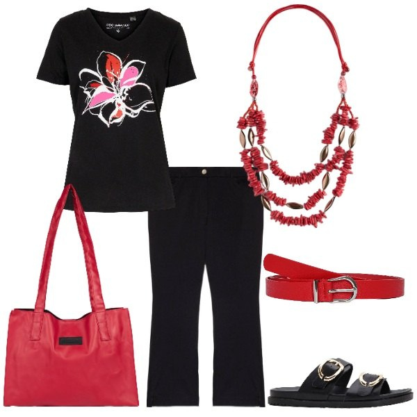 Outfit donna - Total look #2238108. Stile Casual chic per Tutti i giorni. Abbinamento con ciabatte, t-shirt, cinture, shopping bag, pantaloni, collane.
