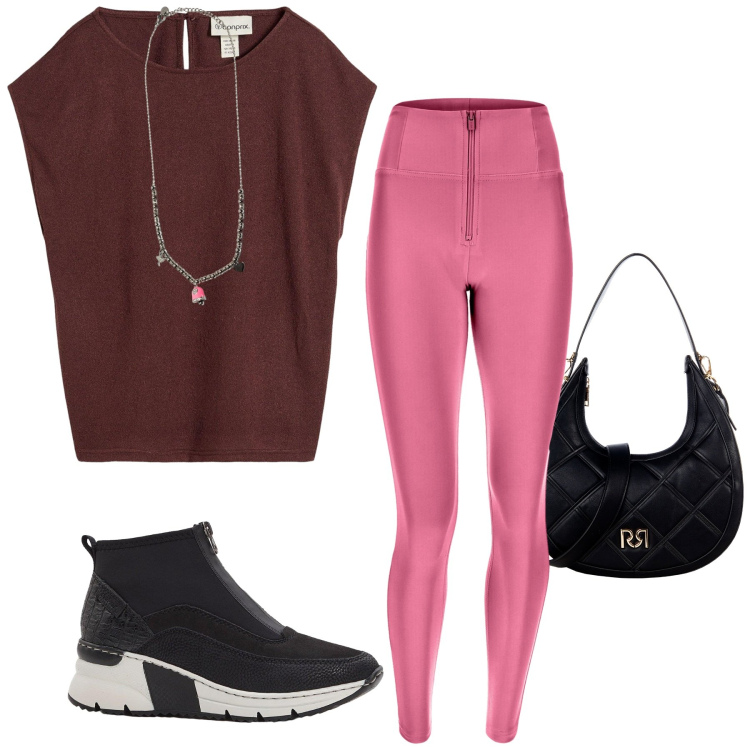 Outfit donna - Total look #2238113. Stile Trendy per Tutti i giorni. Abbinamento con sneakers, maglieria, borse a tracolla, pantaloni skinny, ciondoli.