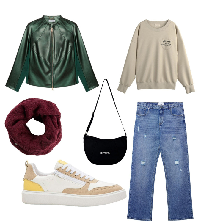 Outfit donna - Autunno. Stile Basic per Tutti i giorni. Abbinamento con sneakers, felpe, foulard, jeans strappati, borse a spalla, blazer.