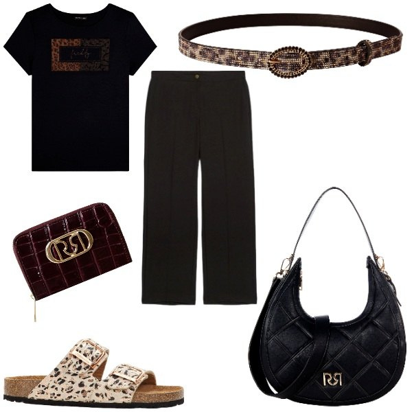 Outfit donna - Total look #2238136. Stile Casual chic per Tutti i giorni. Abbinamento con ciabatte, cinture, borse a tracolla, portafogli, t-shirt, pantaloni.