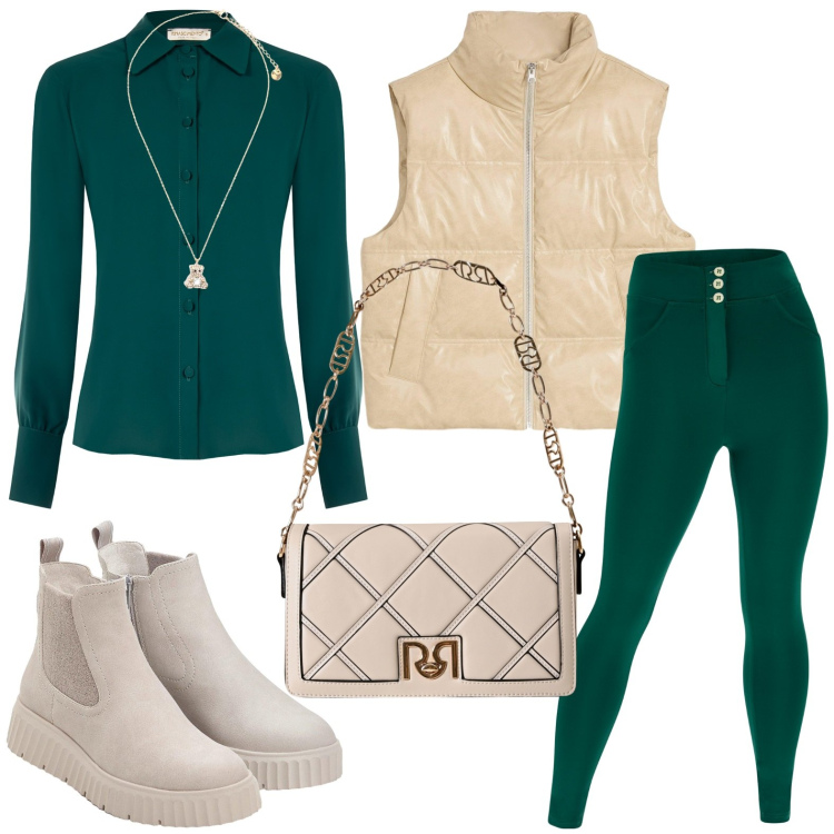 Outfit donna - Fall Collections - FW26. Stile Military per Tutti i giorni. Abbinamento con stivaletti, piumini, camicie, borse a tracolla, pantaloni skinny, ciondoli.