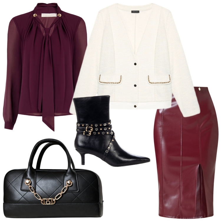Outfit donna - Fall Collections - FW26. Stile Minimal per Ufficio. Abbinamento con gonne longuette, bluse, stivaletti, borse a mano, blazer.