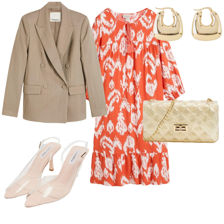 Outfit donna - Pranzo domenicale. per Tutti i giorni. Abbinamento con blazer, vestiti, orecchini, borse a tracolla, sandali col tacco.