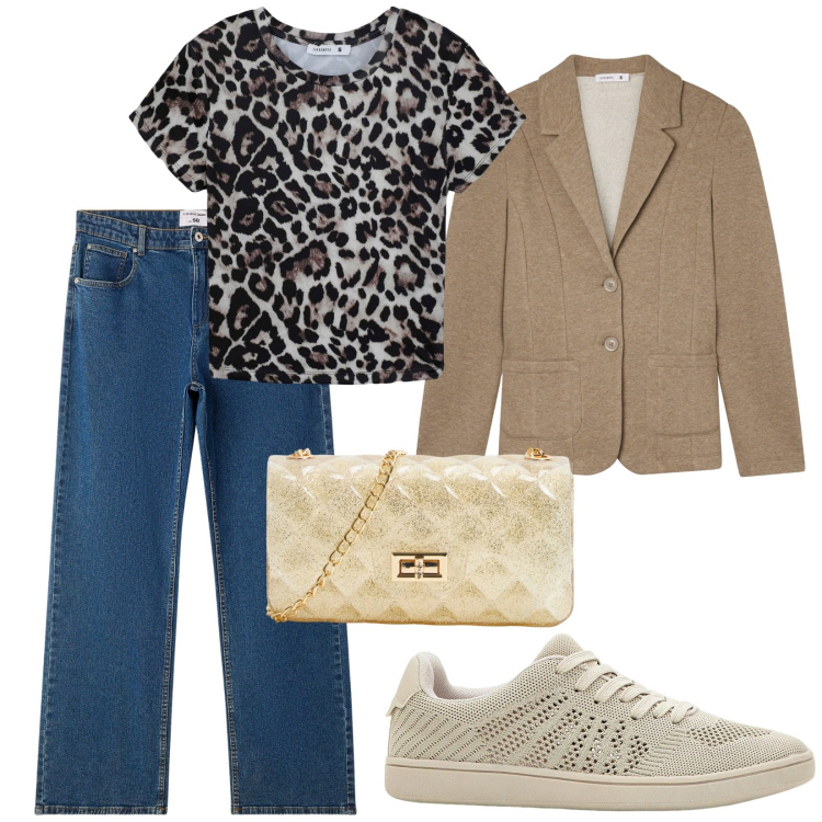 Outfit donna - Di giorno. per Scuola/Università. Abbinamento con sneakers, borse a tracolla, t-shirt, blazer, jeans dritti.