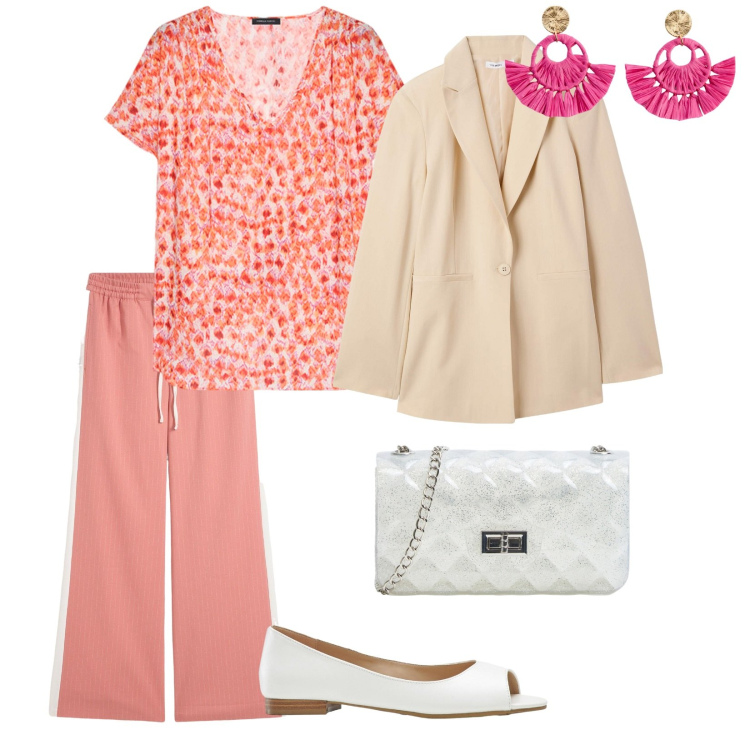 Outfit donna - Colore. per Tutti i giorni. Abbinamento con orecchini, ballerine, pantaloni a palazzo, borse a tracolla, blazer, bluse.