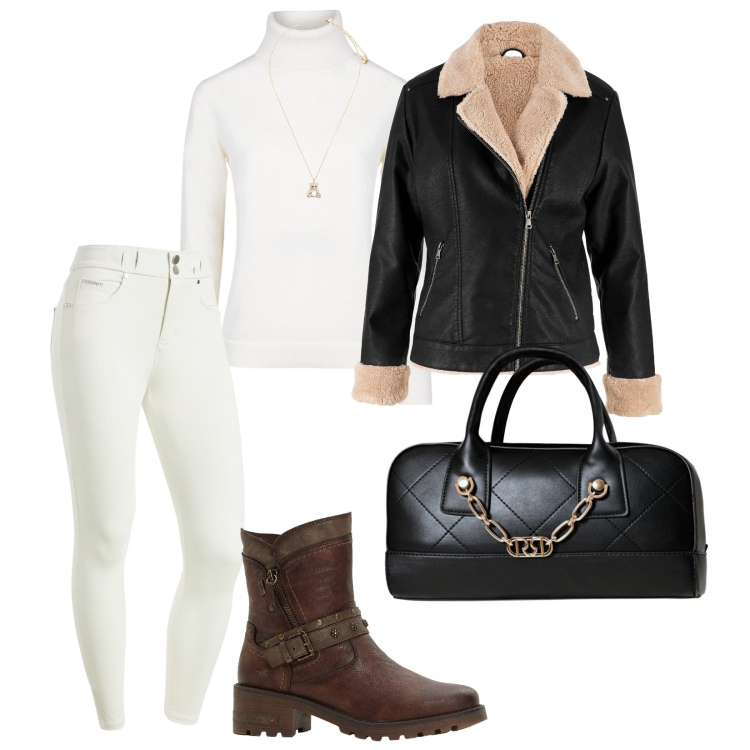 Outfit donna - Outfit freddo. per Tutti i giorni. Abbinamento con blazer, stivaletti, borse a mano, pantaloni skinny, ciondoli, maglieria.