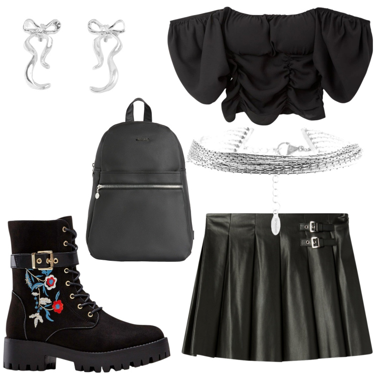 Outfit donna - Total look #2238158. Stile Rock per Serata fuori. look ideale per Petite. Abbinamento con stivali, orecchini, bluse, minigonne, zaini, braccialetti.