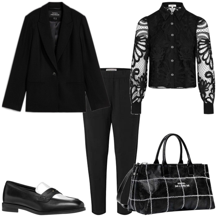 Outfit femme - Casual chic #14449. Style Casual chic pour Bureau. Assortir avec blazers, chemisiers, mocassins, pantalon , sacs à main.