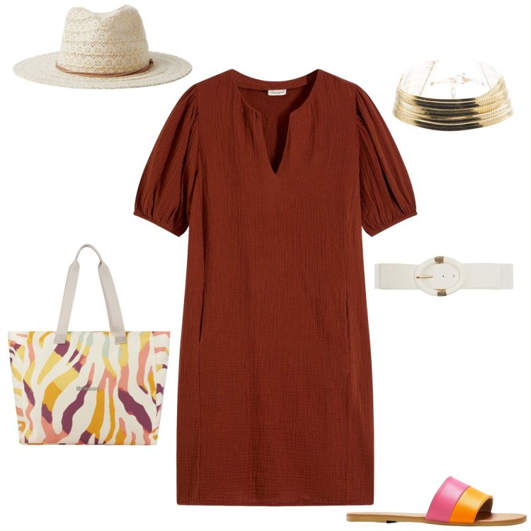 Outfit donna - In giro per l\'Italia. Stile Trendy per Tutti i giorni. Abbinamento con ciabatte, vestiti corti, cappelli, cinture, shopping bag, braccialetti.