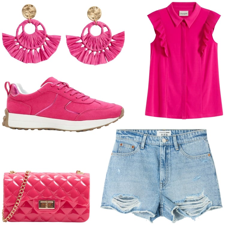 Outfit donna - Total look #2238164. Stile Casual per Tutti i giorni. look ideale per Petite. Abbinamento con sneakers, maglieria, orecchini, borse a tracolla, shorts.