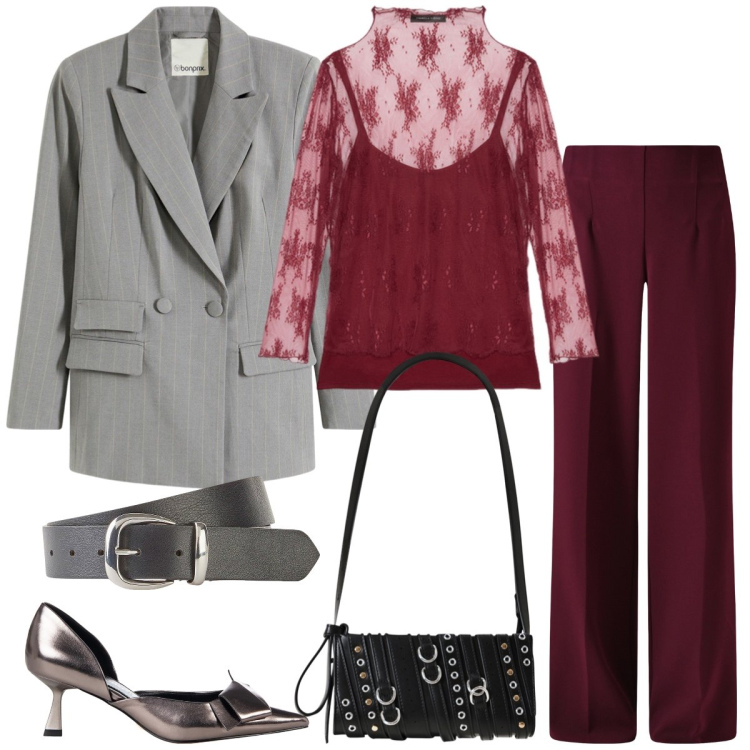 Outfit donna - Pranzo in città. Stile Chic per Tutti i giorni. Abbinamento con blazer, cinture, décolleté, pantaloni a palazzo, borse a spalla, t-shirt.