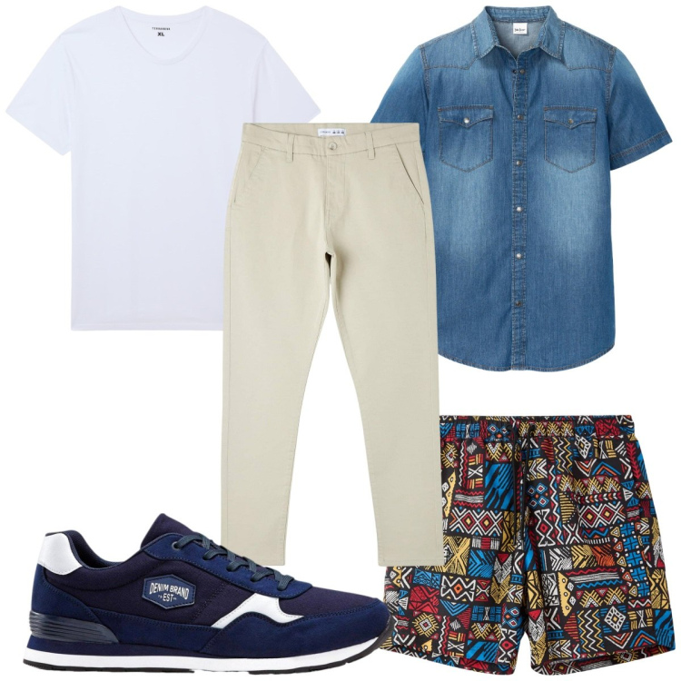 Outfit uomo - Total look #2238174. Stile Trendy per Mare. Abbinamento con sneakers, camicie a manica corta, pantaloni skinny, t-shirt, costumi.