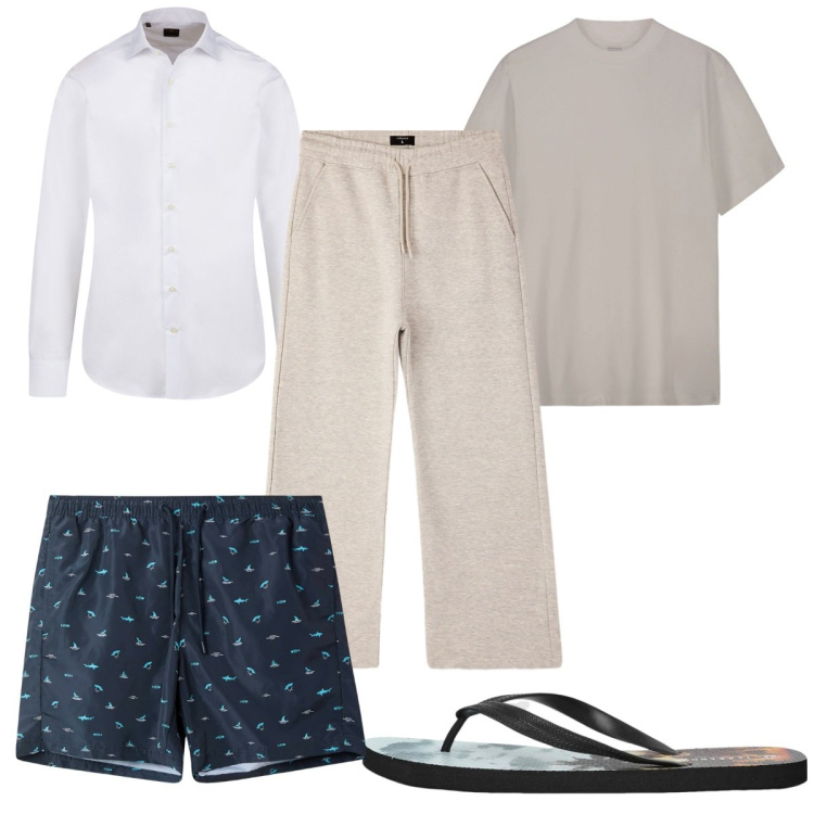 Outfit uomo - Total look #2238179. Stile Trendy per Mare. Abbinamento con pantaloni, sandali, costumi, camicie, t-shirt.
