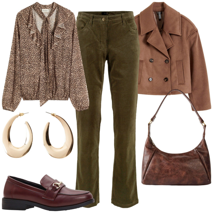 Outfit donna - Bonprix - must have autunnali. Stile Casual chic per Tutti i giorni. Abbinamento con pantaloni, camicie, mocassini, orecchini, borse a mano, caban.