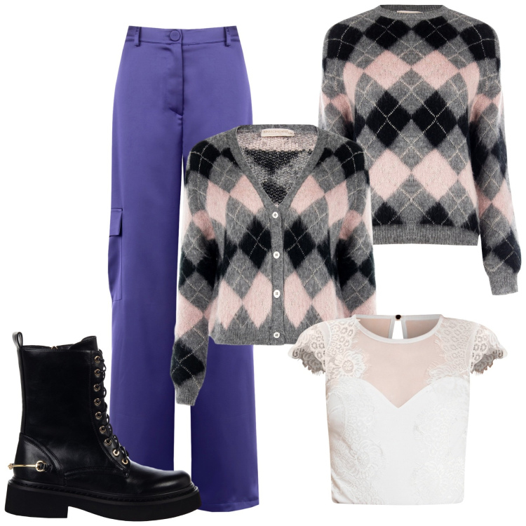 Outfit donna - Twin set a rombi. Stile Casual chic per Tutti i giorni. Abbinamento con cardigans, maglieria, pantaloni cargo, body, anfibi.