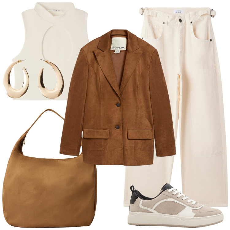 Outfit donna - Temperature settembrine. Stile Casual chic per Ufficio. Abbinamento con orecchini, sneakers, blazer, top, pantaloni, borse a mano.