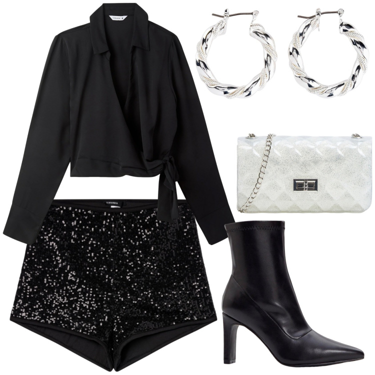 Outfit donna - Serata in shorts. Stile Chic per Serata fuori. Abbinamento con orecchini, stivaletti, borse a tracolla, shorts, camicie.
