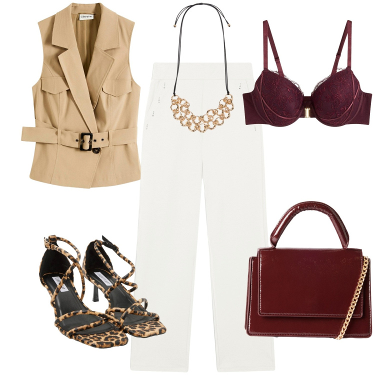 Outfit donna - Aperitivo a Lucca. Stile Casual chic per Tutti i giorni. Abbinamento con reggiseni, gilet, sandali col tacco, borse a tracolla, pantaloni, collane.