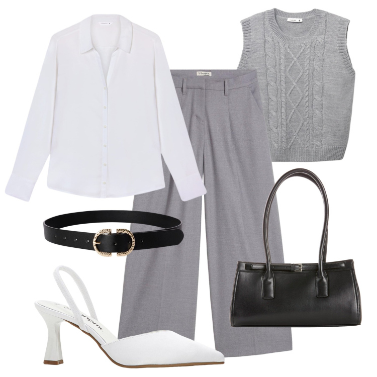 Outfit donna - Il gilet in maglia. Stile Glamour per Ufficio. Abbinamento con pantaloni, décolleté, borse a mano, maglieria, camicie, cinture.