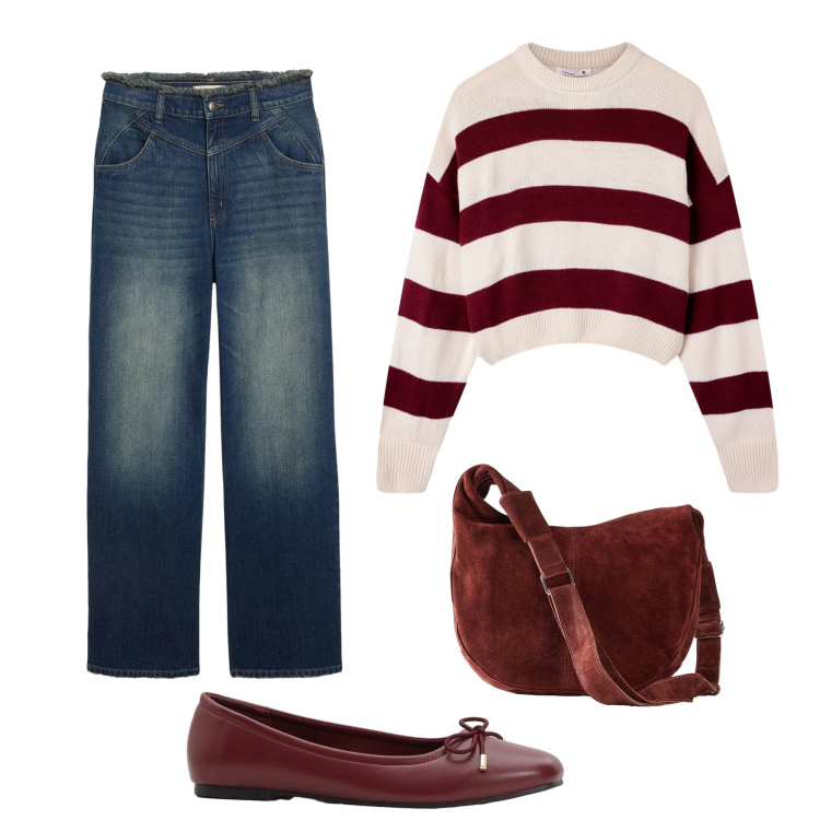 Outfit donna - Look basico per tutti i giorni. Stile Basic per Tutti i giorni. Abbinamento con ballerine, jeans dritti, borse a mano, maglieria.