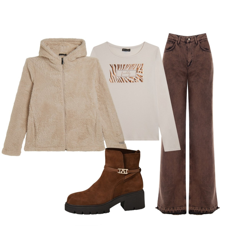 Outfit donna - Camminata autunnale. Stile Casual chic per Sport. Abbinamento con jeans dritti, stivaletti, felpe con cappuccio, t-shirt.