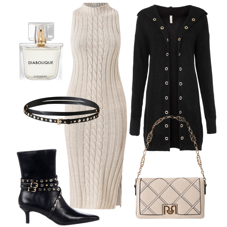 Outfit donna - L’abito in maglia. Stile Casual chic per Serata fuori. Abbinamento con cardigans, profumi, vestiti midi/longuette, stivaletti, borse a tracolla, cinture.