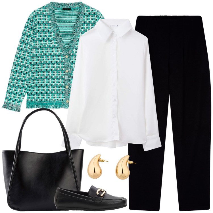Outfit donna - New season new outfit. Stile Casual chic per Ufficio. Abbinamento con shopping bag, mocassini, orecchini, camicie, pantaloni chino, cardigans.
